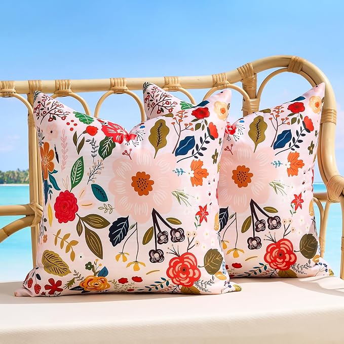 Waterproof Floral Throw Pillow Covers Summer Outdoor Decorative Pillow Covers Pink Accent Square Couch Covers Garden Farmhouse Cushion Cases 18x18 Inch Set of 2 for Patio Tent Balcony Furniture Sofa