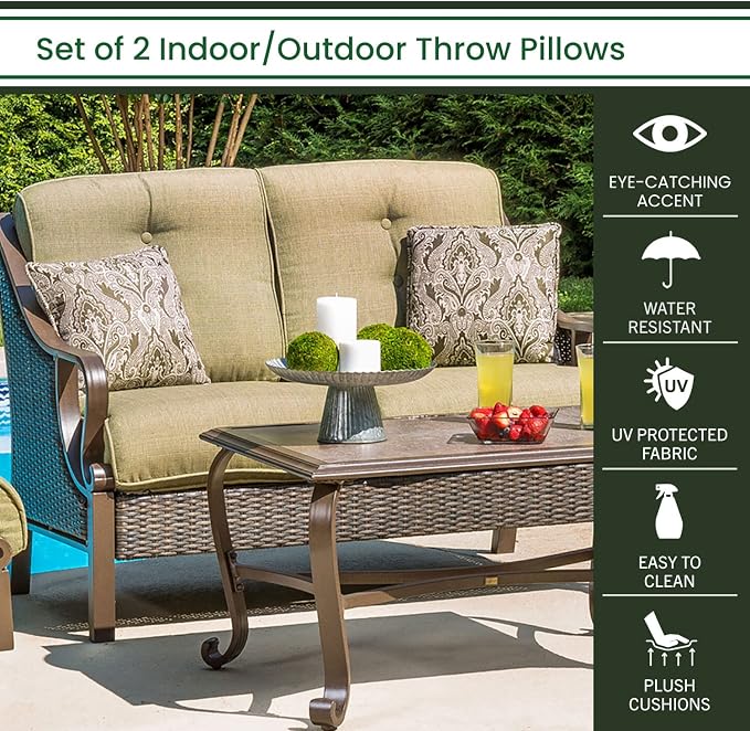 Hanover Medallion Indoor Throw, Set of 2, Decorative and Weather Resistant Meadow Green Cushions for Outdoor Furniture and Patio Sets with Premium Quick-Drying Fabric, 2 Pillows, 2 Count