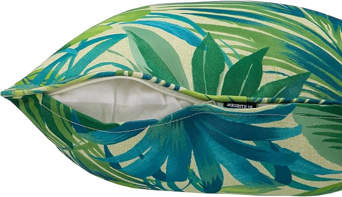 Outdoor Throw Pillow with Insert 18x18 Inch, Set of 2, Piping Edge Waterproof Fade Resistant Decorative Fluffy Pillows for Patio Furniture Chair Bench Couch Sofa - Green Palm Leaves