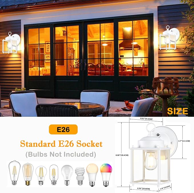 Outdoor Wall Light, Porch Lamp, Dusk to Dawn, White | Exterior Wall Sconce Fixture for House, Garage, Patio, Rustproof Waterproof, Metal Housing with Glass, E26 Base, 2 Pack