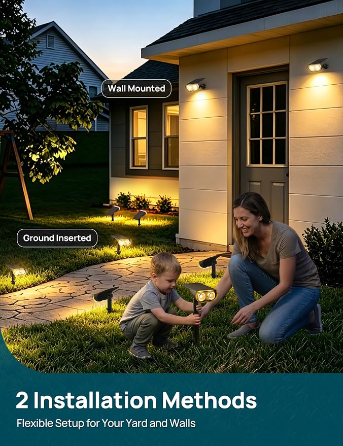 Linkind Solar Lights Outdoor Waterproof LED Spotlights Warm White 2 Pack | Starray, 3 Lighting Modes, 650LM, 3000K, Dusk to Dawn, In-Ground Wall-Mounted for Landscape Yard Garden Tree Flag Pathway
