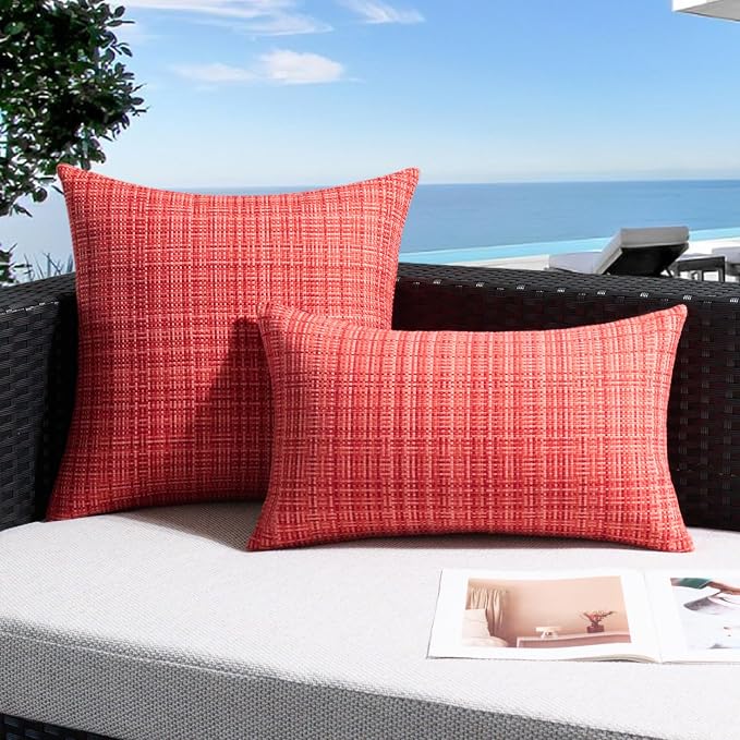 UGASA Outdoor Waterproof Throw Pillow Covers Pack of 2 Patio Water Resistant Pillow Cases Summer Woven Texture Decorative for Outside Garden Porch Yard Bench Tent 20x20 Inch, Red