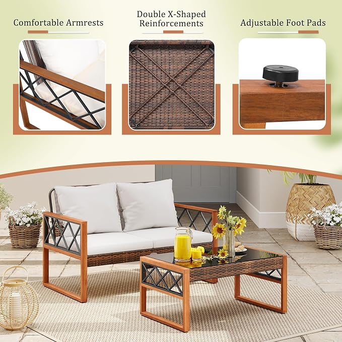 HAPPYGRILL 2 Pieces Patio Furniture Set, PE Rattan Loveseat and Coffee Table Set with Cushions & Tempered Glass Tabletop, Acacia Wood Outdoor Conversation Set for Balcony, Backyard & Poolside
