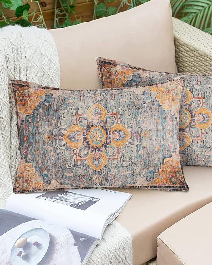Prime Leader Outdoor Waterproof Pillow Covers Set of 2, Geometric Abstract Carpet Flowers Pattern Yellow Patio Throw Pillow Covers, Decorative Cushion Case for Couch Sofa Furniture Garden, 20x12 Inch