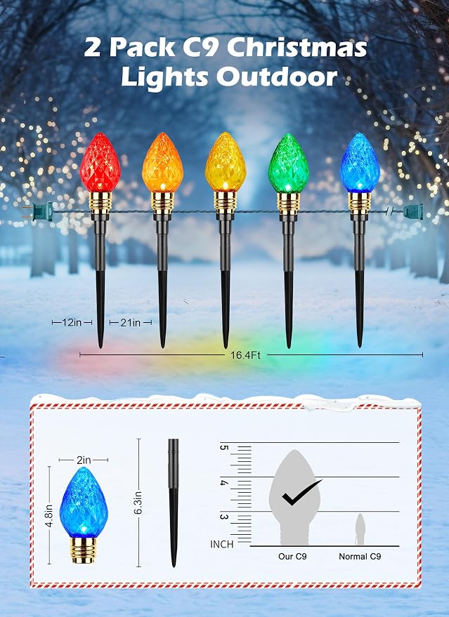 2 Pack Strawberry C9 Christmas Pathway Lights Outdoor, Total 34.8FT 20 LED | Connectable Christmas Walkway Light, Waterproof Christma Lights Outdoor Decorations for Yard Lawn Holiday Outside, Multicolor