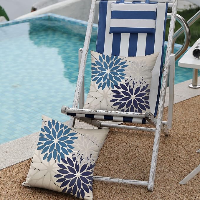 DFXSZ Pack of 2 Outdoor Waterproof Throw Pillow Covers 16x16 Blue White | Polyester Colorful Spring Summer Floral Decorative Cushion Cases(NO INSERT),For Couch Patio Funiture Garden Home Decor