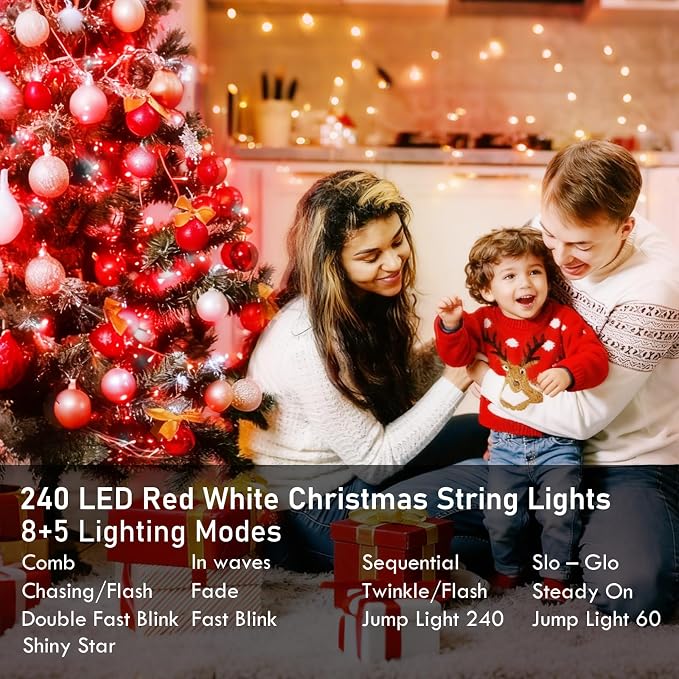 88FT 240LED Extra-Long Connectable String Lights Indoor Outdoor Clear Wire, Red&White Christmas String Lights, Plug in Twinkle Fairy Light with Timer for Wedding Patio Tree Yard Christmas Decorations