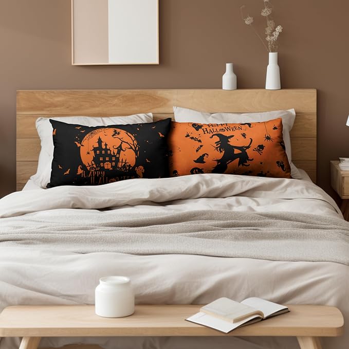 Halloween Lumbar Pillow Covers 12X20 Witch Castle Spider Web Rectangle Pillowcase Set of 2 for Living Room Couch Orange and Black Waist Pillow Covers Halloween Decoration