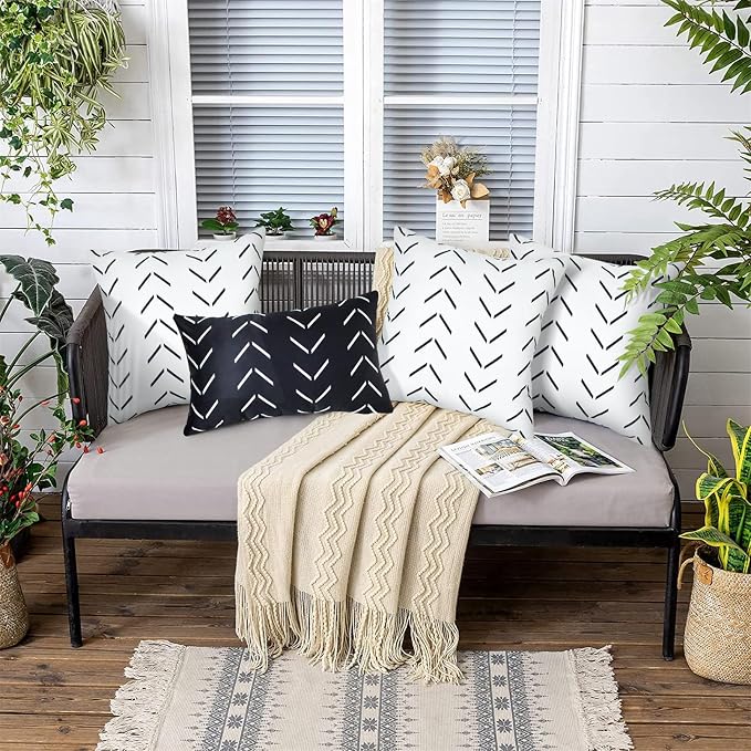 Adabana Geometric Waterproof Outdoor Pillow Covers 18x18 Black and White | Set of 2 Waterproof Design for Patio, Porch, Garden and Beach Decor