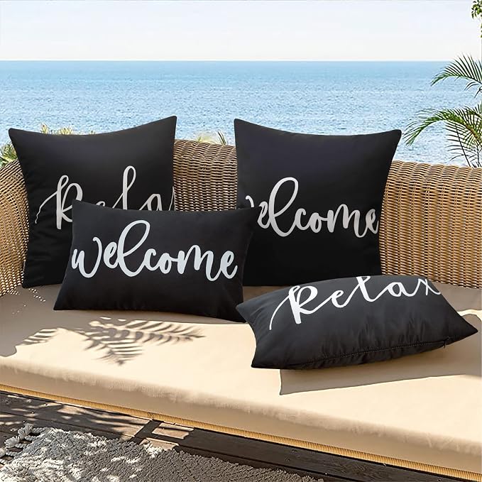 Merrycolor Pack of 2 Black and White Outdoor Waterproof Pillow Covers Relax Decorative Throw Pillow Covers Outdoor Pillows Covers for Patio Furniture Tent Balcony Couch Sofa （Relax 20x20 Inch