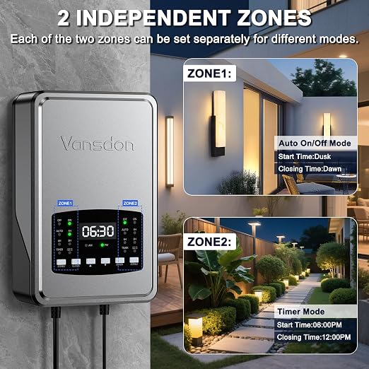 Vansdon 300W Low Voltage Landscape Transformer,2 Zone,120V AC to 12/14V AC | Photocell Sensor & Timer,Circuit protection & Memory function,5 modes,Weatherproof,for Pathlight,Spotlight,ETL Listed
