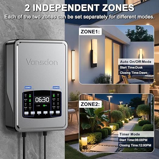 Vansdon 200W Low Voltage Landscape Transformer,2 Zone,Photocell & Timer | 120V AC to 12V/14V AC,Circuit protection & Memory function,5 modes,Weatherproof,for Outdoor Pathlight,Spotlight,ETL Listed
