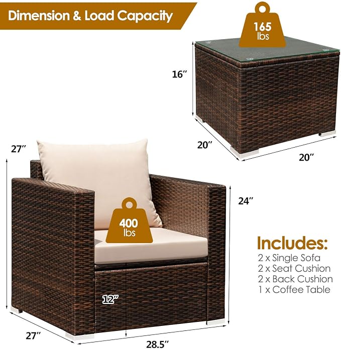 HAPPYGRILL 3PCS Patio Furniture Set with Coffee Table Outdoor Rattan Wicker Conversation Sofa Set with Washable Cushions for Garden Poolside