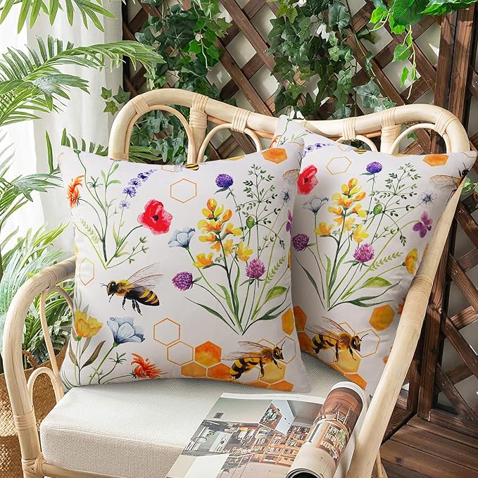 Merrycolor Pack of 2 Outdoor Waterproof Throw Pillow Covers 18x18 Summer Yellow Floral Decorative Square Pillowcase Outdoor Pillow Covers for Patio Furniture Garden