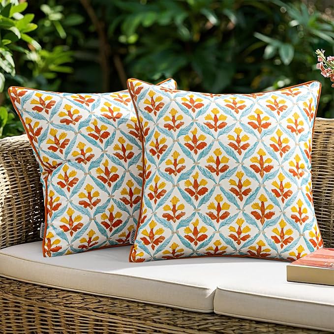 MIULEE Outdoor Floral Pillow Covers Waterproof 20x20 Orange Teal Red | Decorative Block Print,Boho Farmhouse, Set of 2 Coastal Summer Cushion Covers with Piping,Garden Patio Furniture Porch Couch