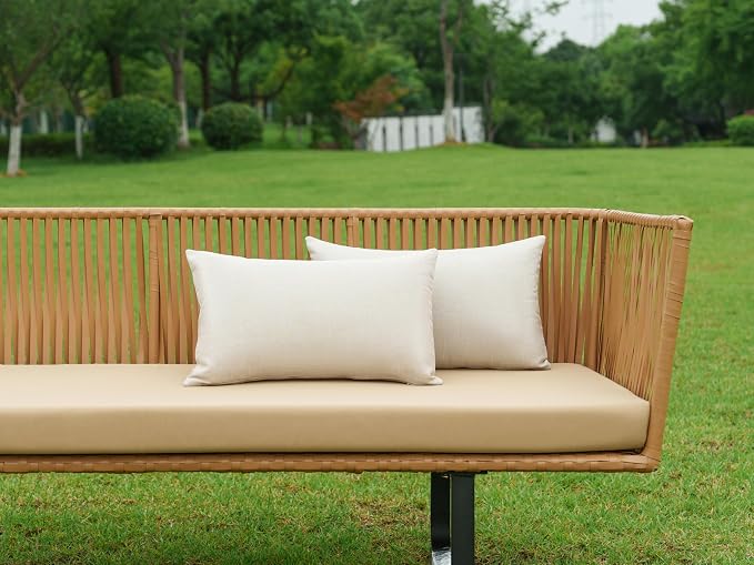 NiNi ALL Pack of 2 Decorative Outdoor Waterproof Pillow Covers Square Garden Linen Textured Cushion Sham Throw Pillowcase Set of 2 for Patio Farmhouse Garden Tent Couch 12x20 Inch Beige