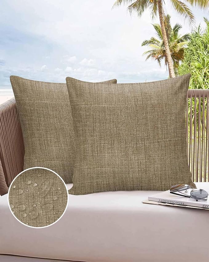 Vandarllin Outdoor Throw Pillows Covers 18x18 inch Set of 2 Waterproof Brown Linen Decorative Zippered Cushion Covers for Patio Furniture, Farmhouse Pure Color Lumbar Pillowcases