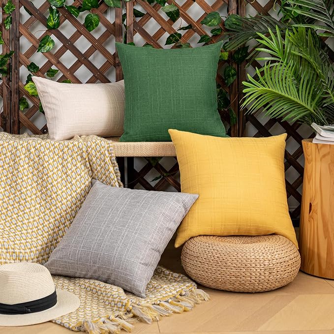 Kevin Textile Outdoor Waterproof 22”x22” Pillow Covers 2 Pack, Dark Green | Water Resistant, Soft Faux Linen-cotton Yarn-dyed Woven Texture Throw Pillow Covers for Tent Patio Garden Couch Sofa