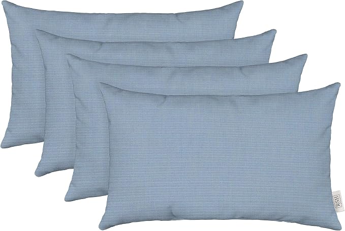 RSH DECOR: Sunbrella Lumbar Throw Pillows Set of 4 | 20" x 12" | Water and Fade-Resistant Performance Fabric | Outdoor Pillow Covers with Down-Alternative Inserts | Canvas Air Blue-Made in USA