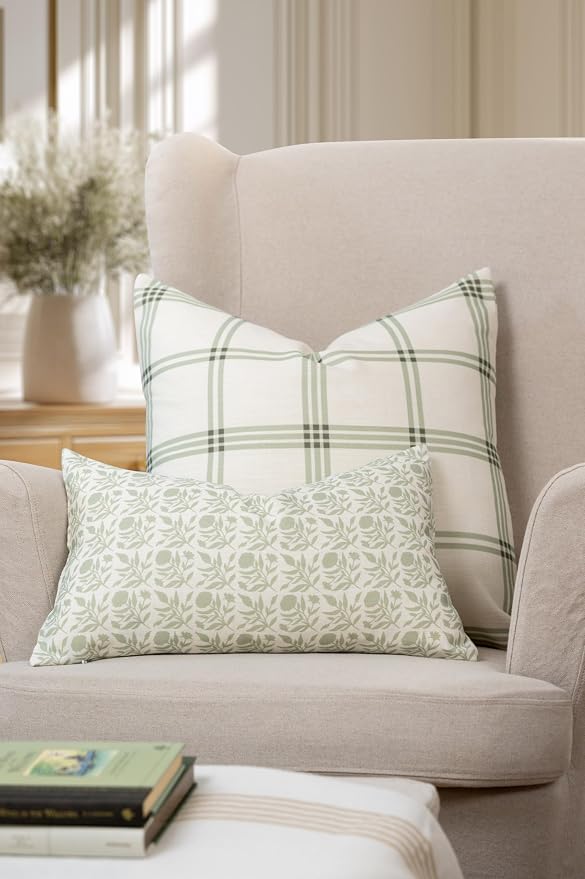 Modern Farmhouse California Casual Indoor Outdoor Lumbar Pillow Cover, 12"x20" Water Repellent for Patio, Backyard, Couch, Light Green Print Floral and Leaves Geometric