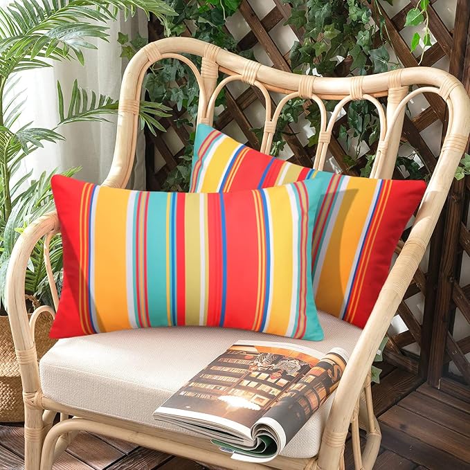Pyonic Lumbar Outdoor Waterproof Throw Pillow Covers Set of 2 Rectangle Pillow Covers Decorative Patio Pillows for Patio Tent Garden Beach,12x20 Inches,Color Stripe(Red)