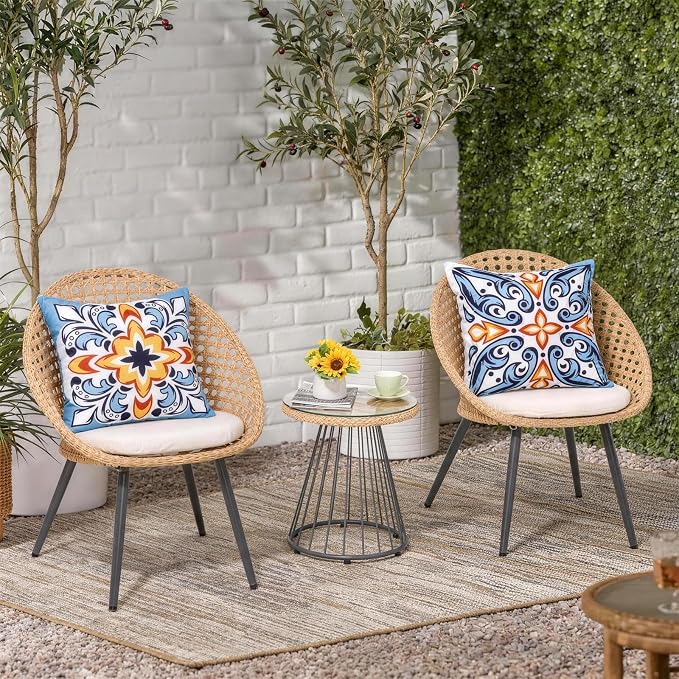 Waterproof Outdoor Pillow Covers, 4 Pack 18x18 Throw Pillow Covers | Blue Orange Decorative Pillow Covers, Floral & Boho Print, Waterproof & Fade Resistant, Cushion Case for Patio Furniture