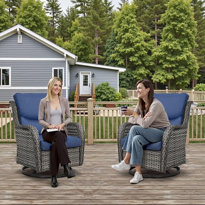 Outdoor Swivel Rocker Patio Chairs with 2 Ottomans - 5" Thick Cushion 4 Piece Furniture Set All Weather Comfortable Wicker Conversation Set for Porch Poolside and Deck - Gray/Blue
