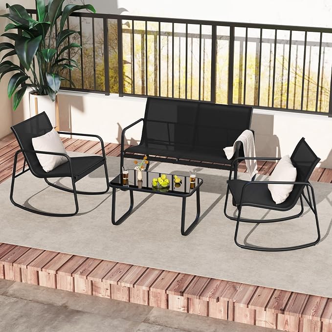 HAPPYGRILL 4 Piece Patio Rocking Bistro Set with 2 Rocking Chairs, Loveseat & Coffee Table, Outdoor Conversation Furniture Set for Garden Poolside Balcony (1)
