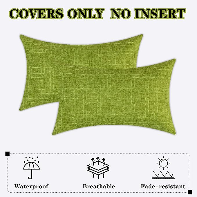 Kevin Textile Outdoor Waterproof 14”x24” Lumbar Pillow Covers 2 Pack, Green | Water Resistant, Soft Faux Linen-cotton Yarn-dyed Woven Texture Throw Pillow Covers for Tent Patio Garden Couch Sofa