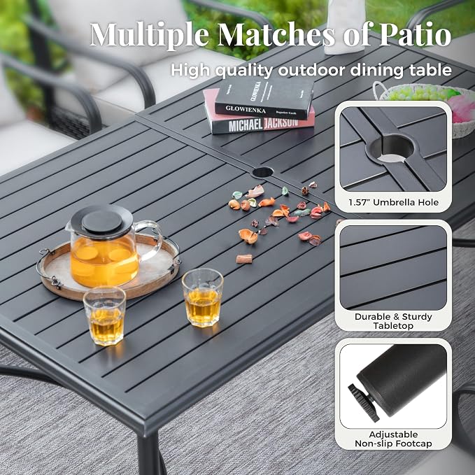 MIXPATIO Outdoor Patio Dining Table for 6, 67" x 38" Rectangular Metal Patio Dining Table with Umbrella Hole for Garden, Backyard and Porch