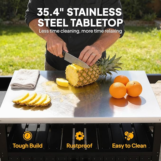 Outsunny Outdoor Bar Cart with Storage Cabinet, Stainless Steel Top Kitchen Island on Wheels, HDPE Outdoor Bar Table, Movable Patio Beverage Food Prep Table for BBQ Picnic, Black