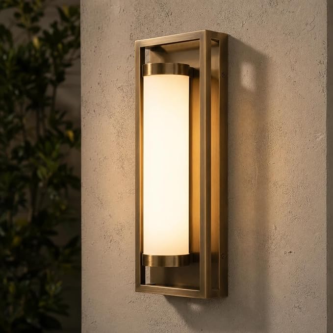 Hyunbae Modern LED Dusk to Dawn Outdoor Wall Sconce, Brushed Antique Brass | Photocell Sensor, 15W Dimmable Porch Light, 16" Exterior Sconce for House, Garage Patio Entryway Use, 3000K Warm White