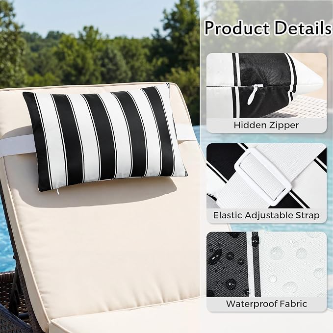 Outdoor Lounge Chair Headrest Pillow 16x11 Inch, Black Striped Waterproof Lumbar Pillows with Insert Adjustable Elastic Strap, Neck Attachment for Recliner Patio Beach Pool Office, 2 Pack