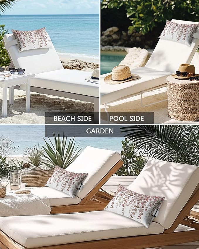 Outdoor Pillows Waterproof Covers Set of 2, Brown Eucalyptus Leaves Adjustable Elastic Chaise Lounge Headrest Pillow Covers, Watercolor Branches Lumbar Pillow for Pool Beach Patio Furniture 11x16 Inch
