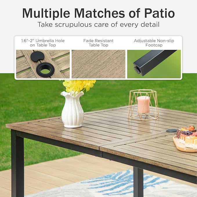 PHI VILLA 7 Piece Patio Dining Set, 64” Wood-Like Table, Rattan Chairs | Outdoor Dining Set for 6, Rectangular Table with Umbrella Hole, Wicker Chairs with Cushions for Patio, Deck, Porch