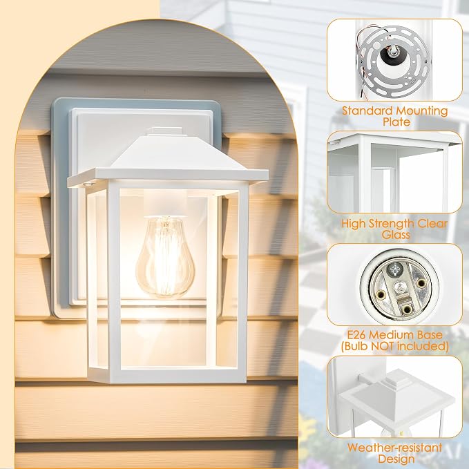 MATAMEYE Outdoor Wall Light Fixture, Exterior Waterproof Porch Lighting | White Patio Wall Lantern, Anti-Rust, Clear Glass, E26 Socket, Wall Mount Sconce Lighting, Outside Front Door Light Entryway