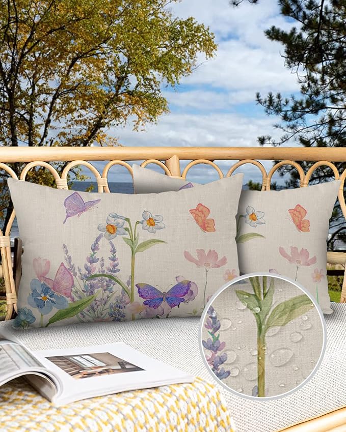 YOKOU Waterproof Throw Pillow Covers, Floral Print Butterfly Watercolor Flower Spring Summer Farm Decorative Pillowcase Soft Cushion Case for Patio Couch Tent Balcony, Set of 2 Rectangle, 20"X12"