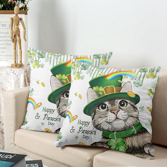 Happy St Patricks Day Pillows Covers 24x24 Pack of 2 Lucky Cat Clover Pillow Covers Rainbow Gold Coin Shamrock Decorative Pillow Cases Cushion Case for Living Room Couch Sofa