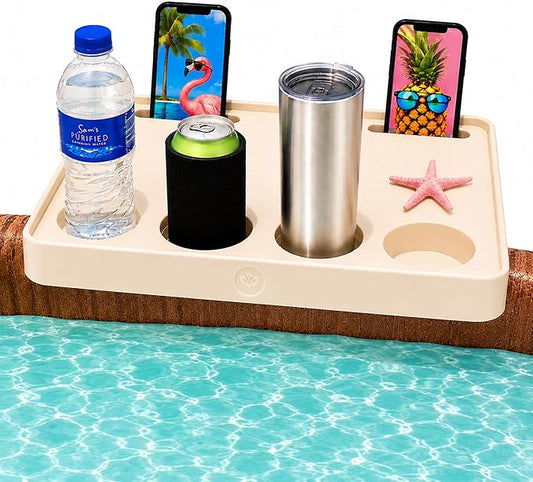 Above‑Ground Pool Table Tray with Cup Holders – Fits Intex, Coleman & Bestway Metal Frame Pools – Adjustable Drink & Snack Table with Phone Slots for Poolside Use