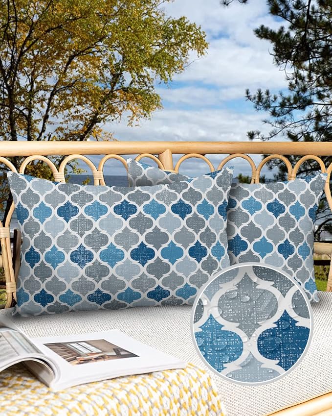Morocco Outdoor Pillow Shams Set of 2, Decorative Pillowcases Cushion Case, Soft Throw Pillow Covers Waterproof Pillow Case 20x12 Inch, Blue Grey Geometry Retro
