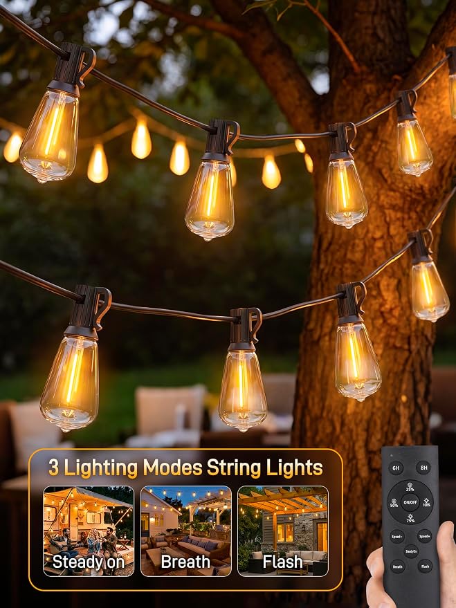 Guhope Outdoor String Lights Dimmable with Remote, 100 FT Outdoor Lights with 2 Timer and 3 Mode, Waterproof & Shatterproof Patio Lights, 2200K Energy Saving String Lights 3 Spare Bulbs for Patio Yard