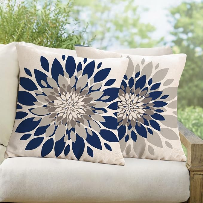Dahlia Flower Outdoor Pillow Covers 18x18 Inch Set of 2 Waterproof Abstract Floral Summer Decorative Throw Pillow Covers for Patio Furniture Porch Couch Home Decor (Navy Blue Grey)