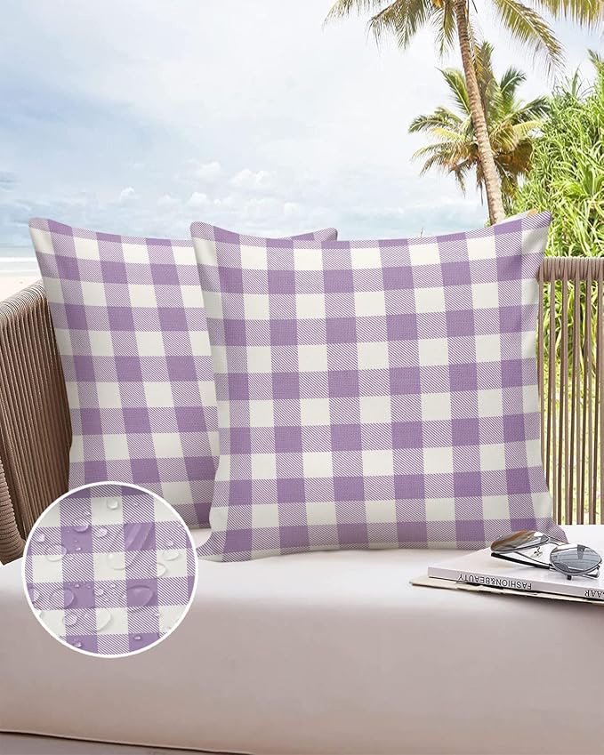 Outdoor Waterproof Throw Pillow Covers Set of 2 Purple Buffalo Check Plaid Pillowcases 26x26 Inches Farmhouse Style Patio Decorative Pillows Cushion Case Patio Pillows for Couch Bed Chair Garden