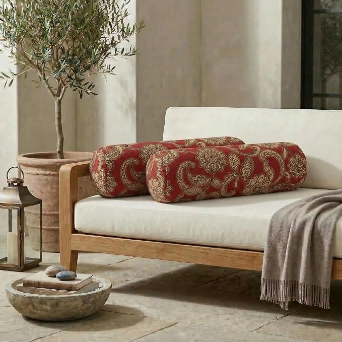 RSH DECOR: Outdura Neck Roll Pillows Set of 2 | 24” x 8” | Outdoor Bolster for Patio, Deck, Porch, or Poolside Chairs | Fade & Water-Resistant | Made in USA (Veranda Crimson)