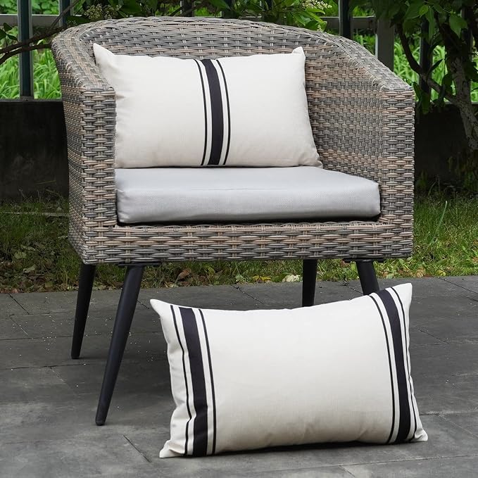 ONWAY Outdoor Pillow Covers Waterproof 12X20 Set of 2 Lumbar Throw Pillow Cover Beige and Black Striped Outdoor Pillows for Patio Furniture