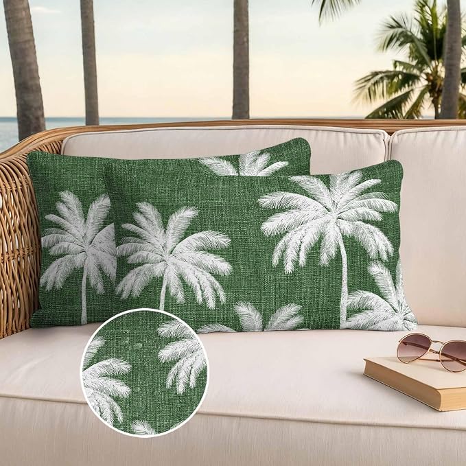 Lumbar Pillow Covers 20x12 Inch Set of 2, Dark Green Palm Trees Waterproof Outdoor Pillow Covers, Farmhouse Tropical Summer Beach Decorative Cushion Pillowcases for Couch, Sofa, Bed, Garden, Patio