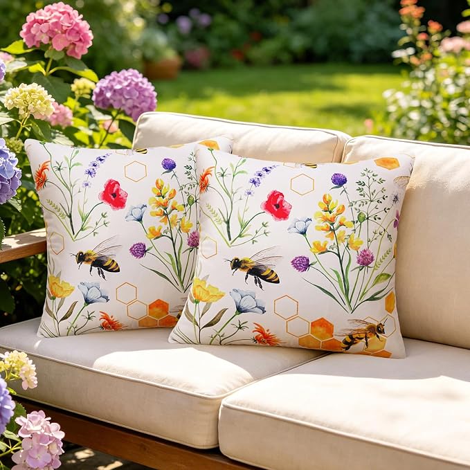 Merrycolor Pack of 2 Outdoor Waterproof Throw Pillow Covers 18x18 Summer Yellow Floral Decorative Square Pillowcase Outdoor Pillow Covers for Patio Furniture Garden