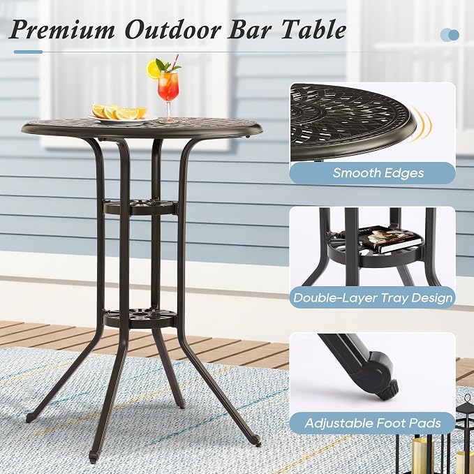 Patio Dining Table,Cast Aluminum Patio Tables with Umbrella Hole, Outdoor Bistro Table for Backyard, Garden, Patio (30" Round Table)