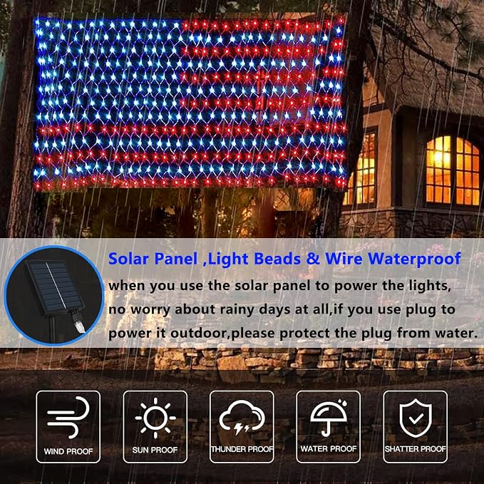 HYH Solar Powered American Flag Lights, 420 LEDs Net Light up Outdoor | Solar Flag Lights Super Bright Leds Waterproof USA Light for 4th of July Yard,Garden,Festival,Holiday,Independence Day Decor