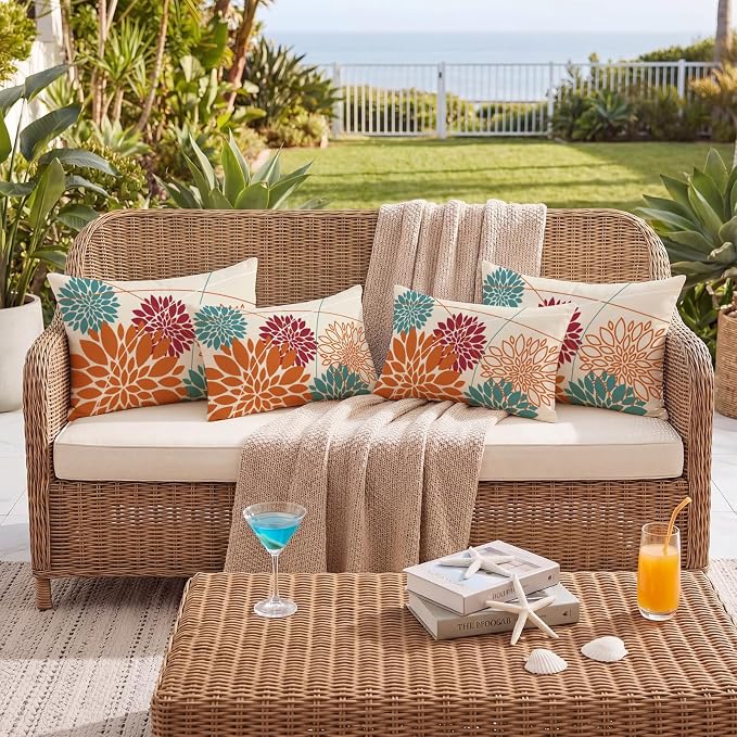 OTOSTAR Outdoor Orange Red Pillow Covers 16x24 Inch Set of 2 Cyan Flower Throw Pillows Farmhouse Geometric Dahlia Floral Lumbar Cushion Case Waterproof Decor for Sofa Patio Funiture Garden
